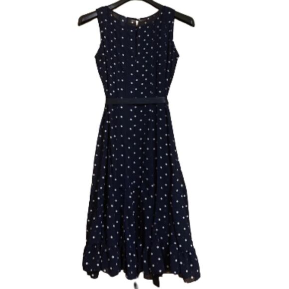 dressbarn Navy & White Sleeveless Polka Dot Pleated Dress w/ Waist Ribbon Tie - Picture 6 of 7